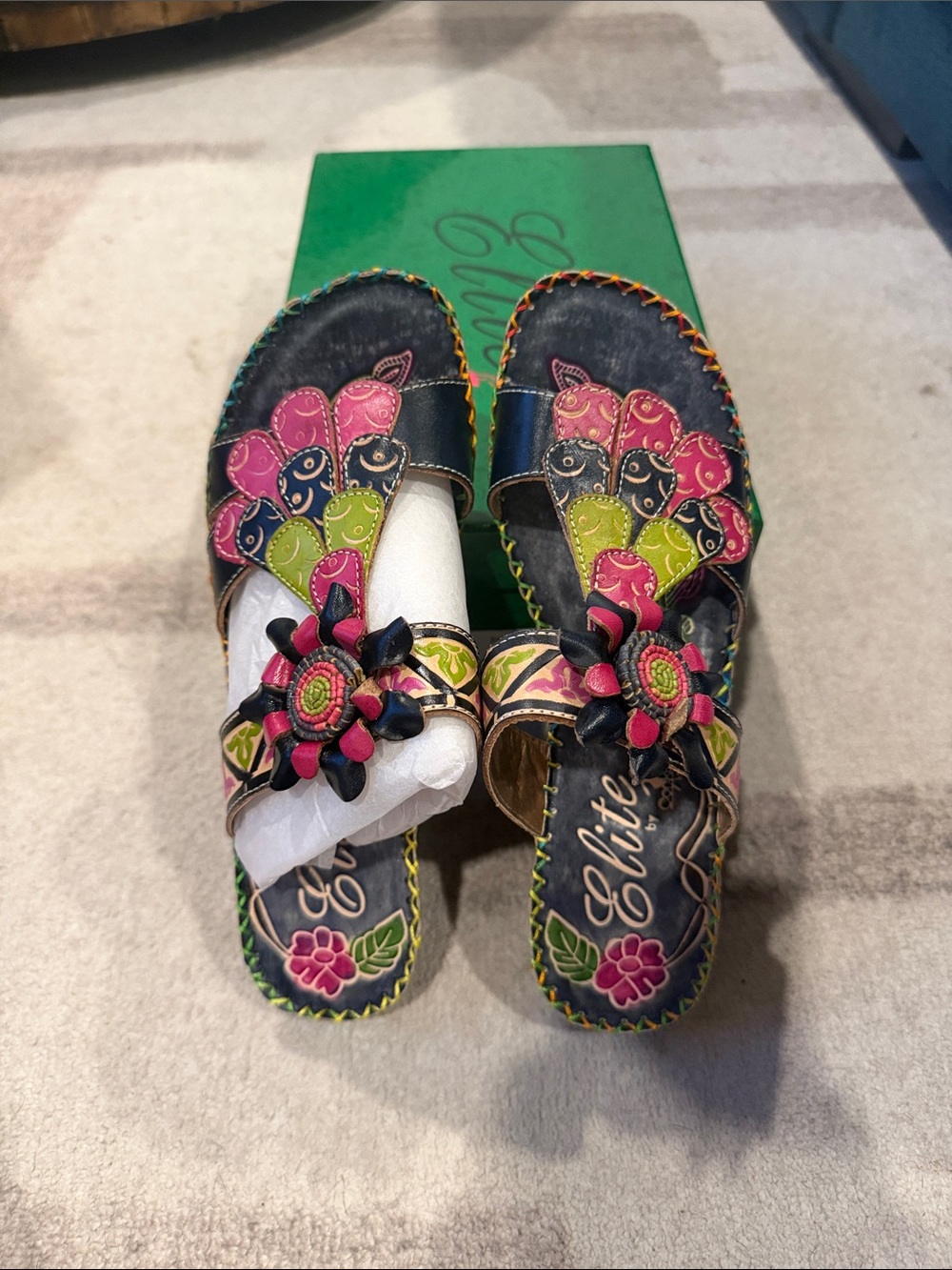 Elite Navy Leather Floral Appliqué Mules with Pink & Green Accents